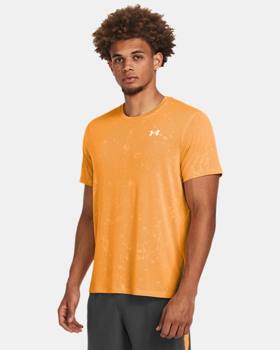 Men's UA Launch Splatter Short Sleeve in Orange image number 0